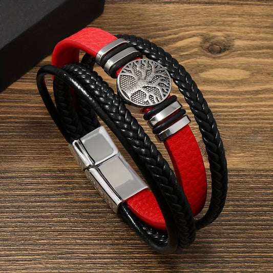 2PCS Handwoven Tree of Life Magnetic Clasp Bracelet, Red-Black Synthetic Leather Double-Layer Design, Vintage V1232-SMSSL001