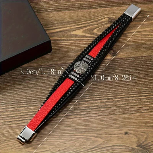 2PCS Handwoven Tree of Life Magnetic Clasp Bracelet, Red-Black Synthetic Leather Double-Layer Design, Vintage V1232-SMSSL001