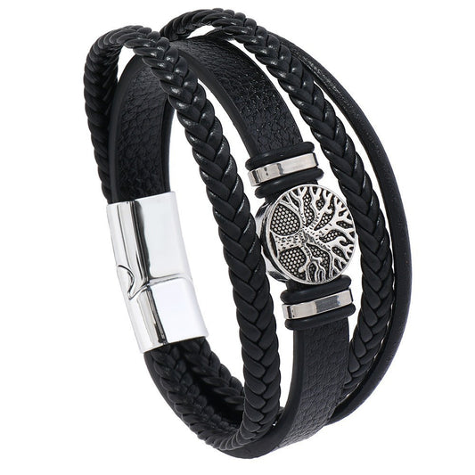 2PCS Handwoven Tree of Life Magnetic Clasp Bracelet, featuring a black synthetic leather double-layer design. V1232-SMSSL002