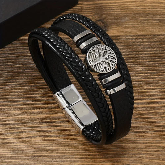 2PCS Handwoven Tree of Life Magnetic Clasp Bracelet, featuring a black synthetic leather double-layer design. V1232-SMSSL002