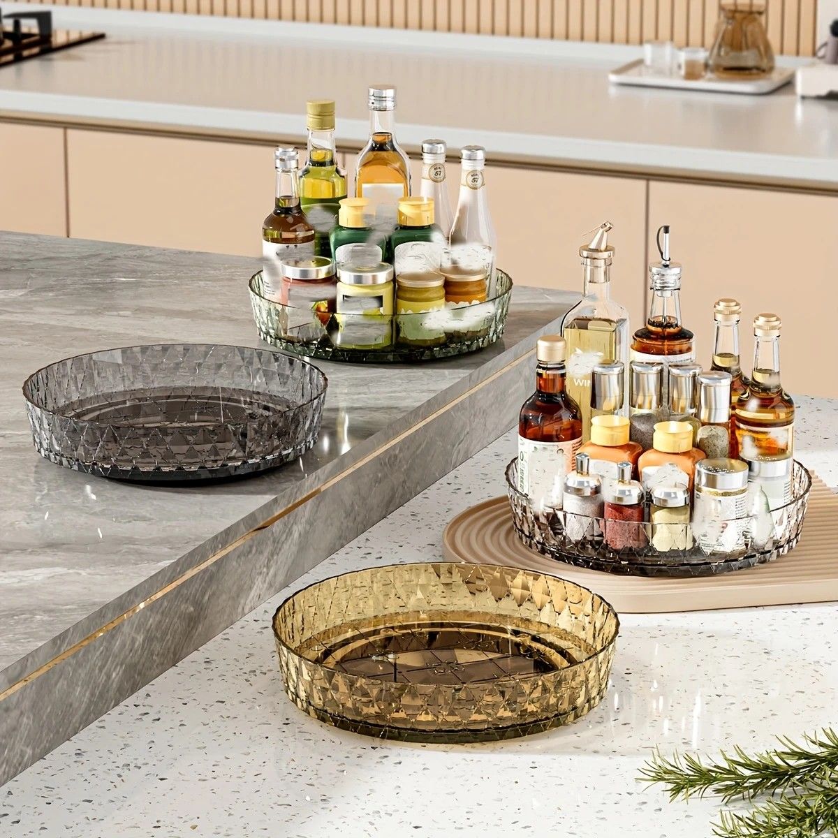 2PCS Acrylic Lazy Susan Organizer with Diamond Design | 360 degrees Rotating Makeup & Vanity Tray | Modern V1232-SNH004