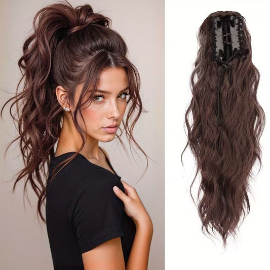 Water wave curly hair clip-in ponytail wig, made of high-heat-resistant synthetic material. Perfect for daily V1232-SPWJF003