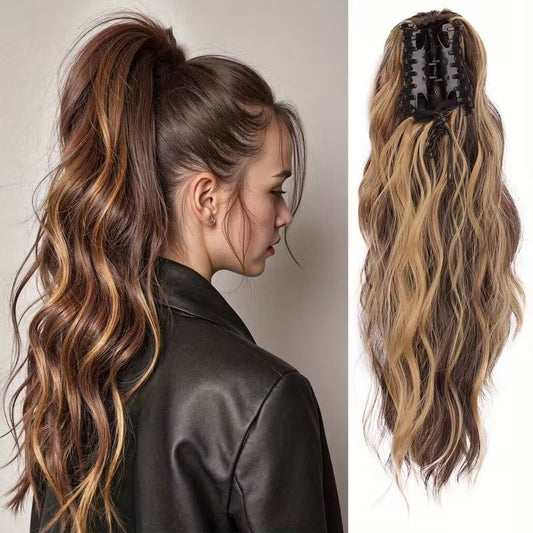 Water wave curly hair clip-in ponytail wig, made of high-heat-resistant synthetic material. Perfect for daily V1232-SPWJF005