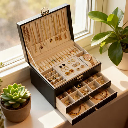 BLACK Multi - layer Jewelry Storage Box: Velvet Lining, Three - layer Zoning, Double - drawer Storage for V1232-SSSNH001