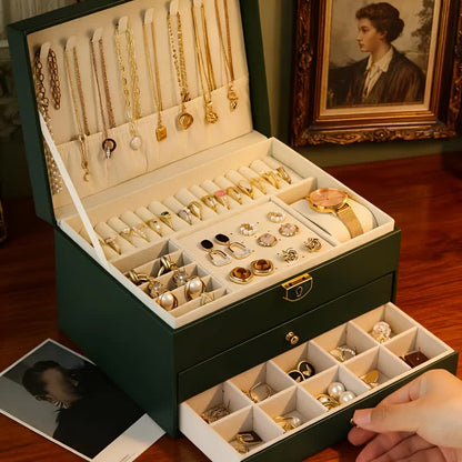 Dark green Multi - layer Jewelry Storage Box: Velvet Lining, Three - layer Zoning, Double - drawer Storage V1232-SSSNH002