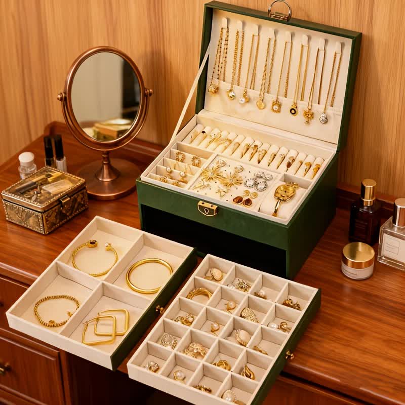 Dark green Multi - layer Jewelry Storage Box: Velvet Lining, Three - layer Zoning, Double - drawer Storage V1232-SSSNH002