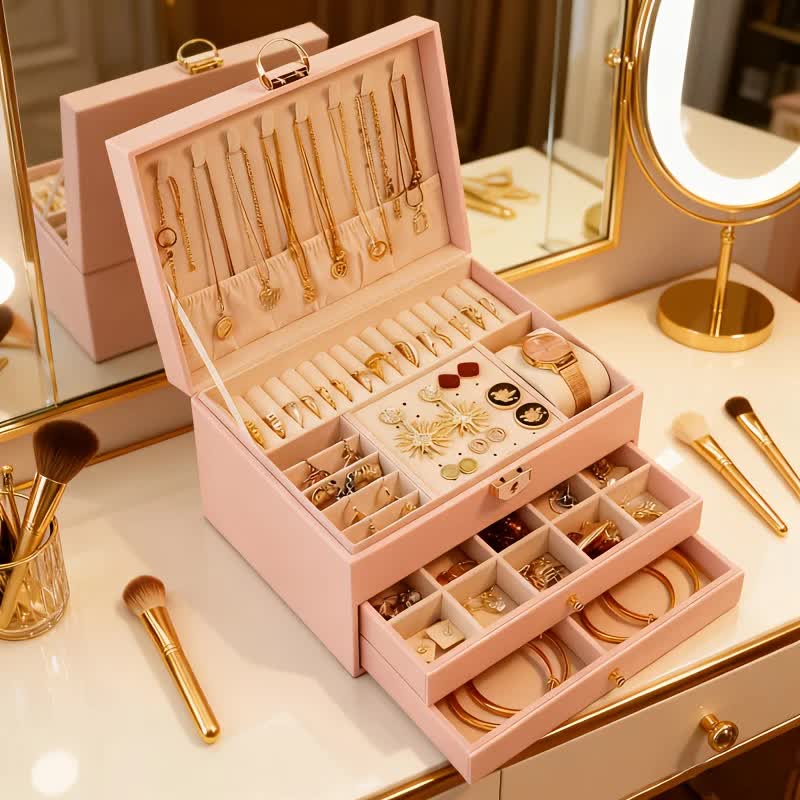 Pink Multi - layer Jewelry Storage Box: Velvet Lining, Three - layer Zoning, Double - drawer Storage for V1232-SSSNH003