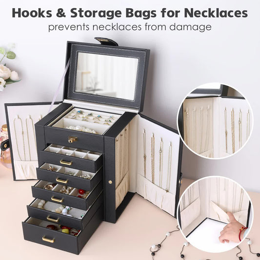 Women's Multi-functional Jewelry Box: Built-in Mirror, Multi-layer Drawer Storage, Side Hooks to Prevent V1232-SSSNH005