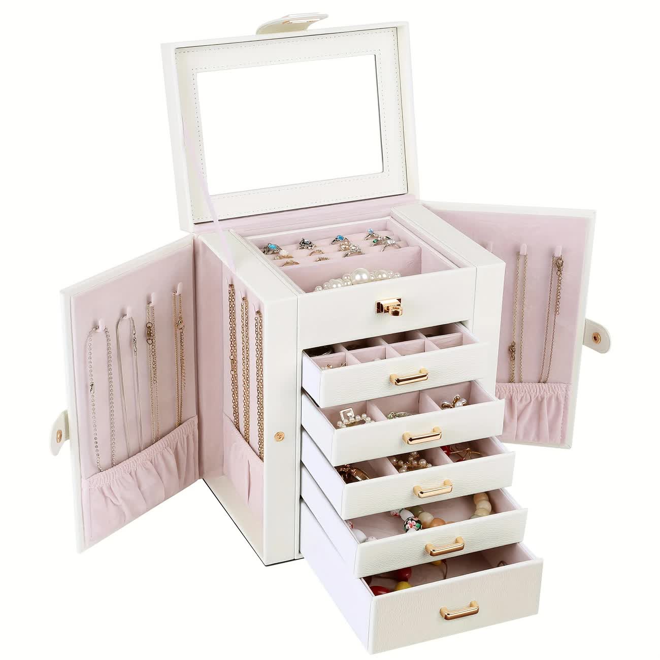 Women's Multi-functional Jewelry Box: Built-in Mirror, Multi-layer Drawer Storage, Side Hooks to Prevent V1232-SSSNH006