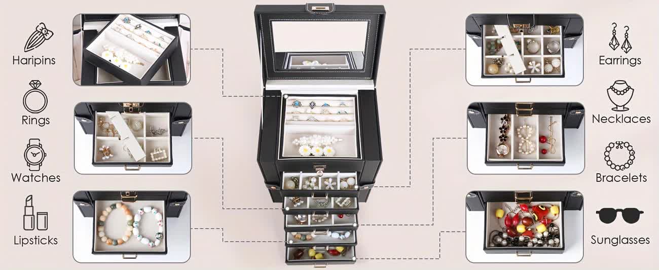 Women's Multi-functional Jewelry Box: Built-in Mirror, Multi-layer Drawer Storage, Side Hooks to Prevent V1232-SSSNH006