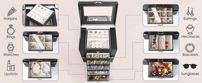 Women's Multi-functional Jewelry Box: Built-in Mirror, Multi-layer Drawer Storage, Side Hooks to Prevent V1232-SSSNH006