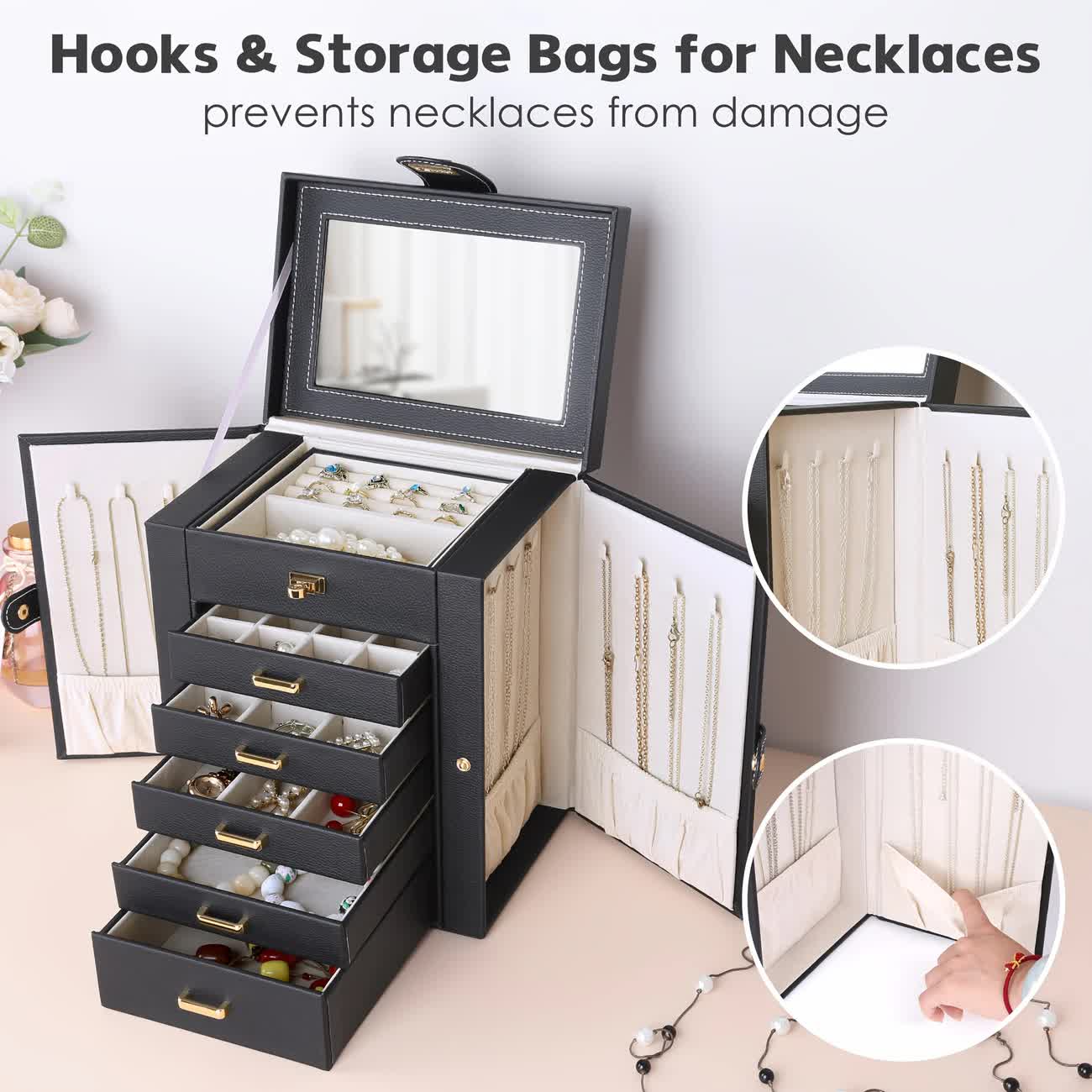 Women's Multi-functional Jewelry Box: Built-in Mirror, Multi-layer Drawer Storage, Side Hooks to Prevent V1232-SSSNH006