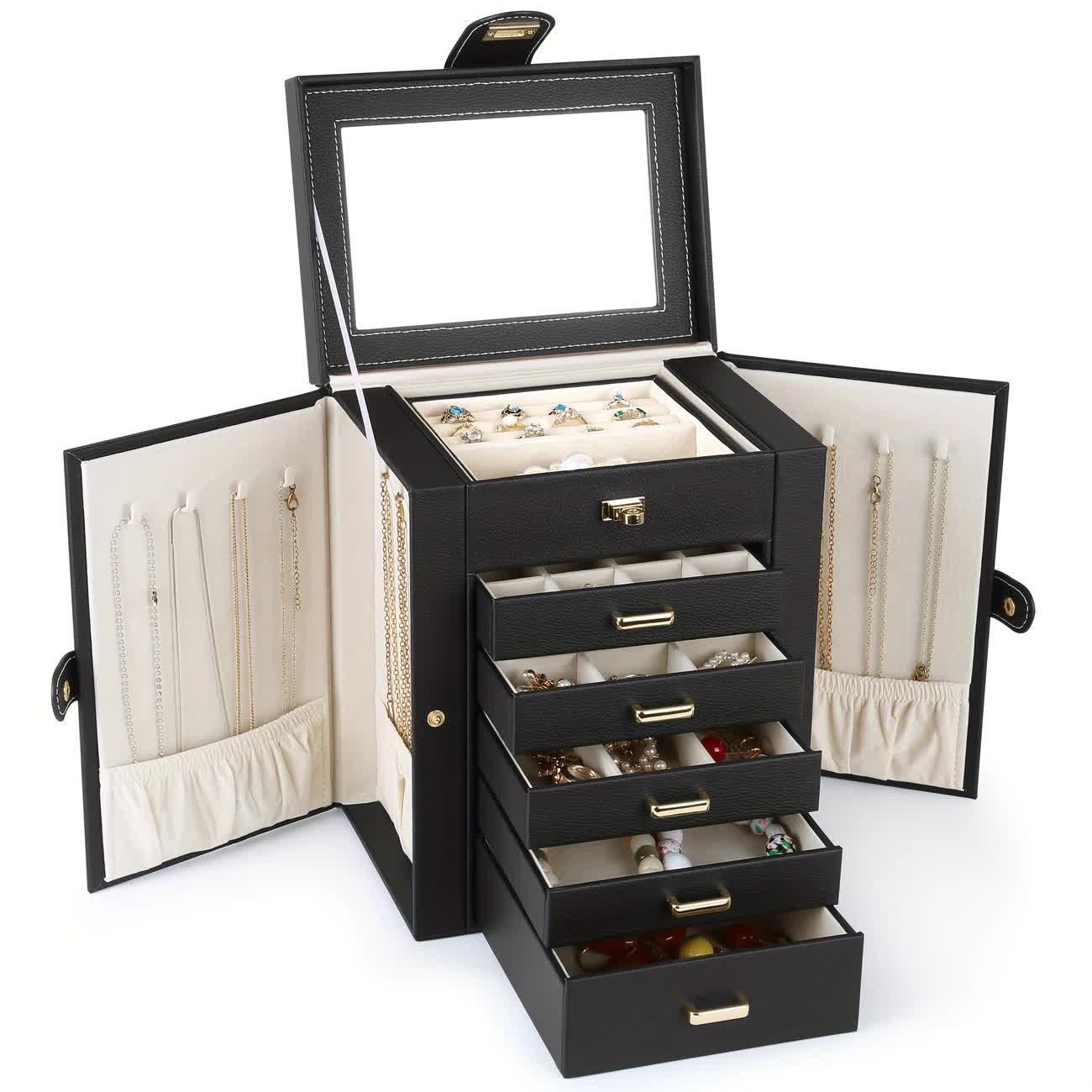 Women's Multi-functional Jewelry Box: Built-in Mirror, Multi-layer Drawer Storage, Side Hooks to Prevent V1232-SSSNH006
