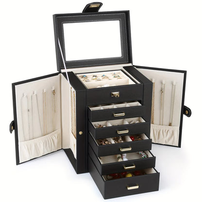 Women's Multi-functional Jewelry Box: Built-in Mirror, Multi-layer Drawer Storage, Side Hooks to Prevent V1232-SSSNH006