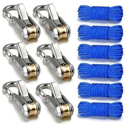 12-Piece Outdoor Tent Guyline Tensioner Kit, Dual-Row Buckle Brass Roller, Rebound Self-Locking Sturdy V1232-SSTZ-12PCS-001