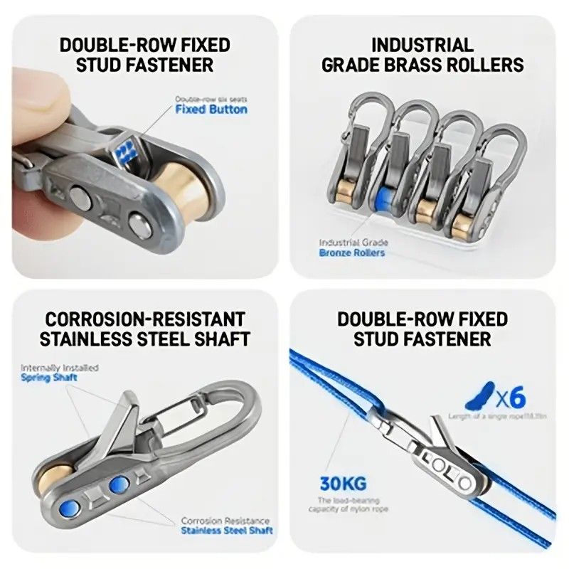 12-Piece Outdoor Tent Guyline Tensioner Kit, Dual-Row Buckle Brass Roller, Rebound Self-Locking Sturdy V1232-SSTZ-12PCS-001
