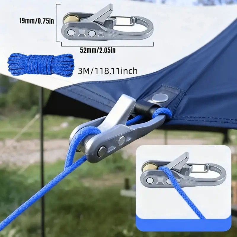 12-Piece Outdoor Tent Guyline Tensioner Kit, Dual-Row Buckle Brass Roller, Rebound Self-Locking Sturdy V1232-SSTZ-12PCS-001
