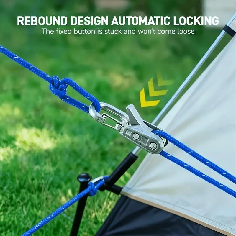 12-Piece Outdoor Tent Guyline Tensioner Kit, Dual-Row Buckle Brass Roller, Rebound Self-Locking Sturdy V1232-SSTZ-12PCS-001