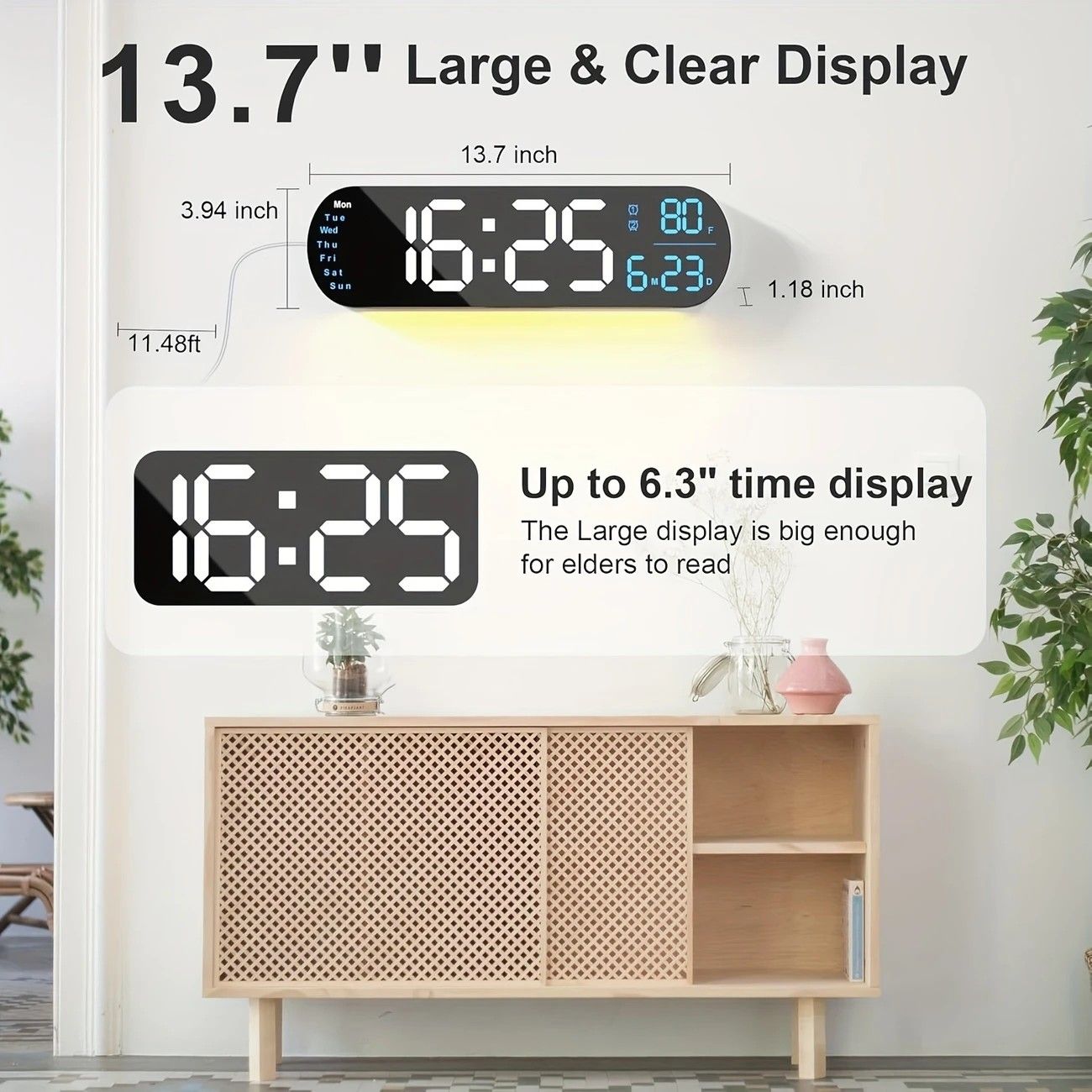 13.7" Large LED Digital Wall Clock - Auto Dimming, Temperature Display, Ideal for Bedroom & Office(5502BLUE) V1232-SXJSJ001