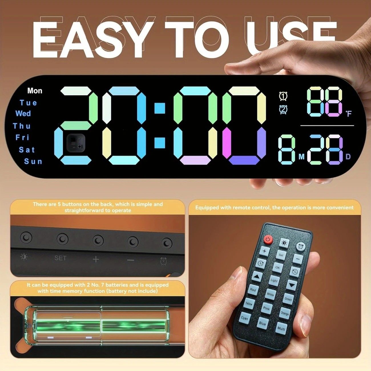 13.7" Large LED Digital Wall Clock - Auto Dimming, Temperature Display, Ideal for Bedroom & Office(5502BLUE) V1232-SXJSJ001