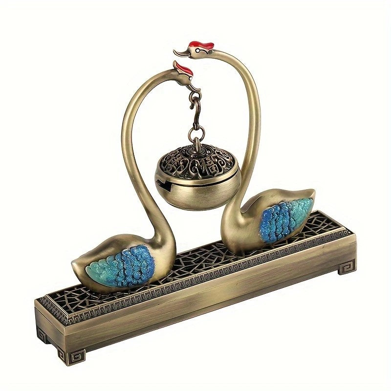 Swan Lake Double-Layer Incense Burner, Dual-Purpose Design, Deep Blue-Gold Swan, Auspicious Tea & Study V1232-TRHXL001