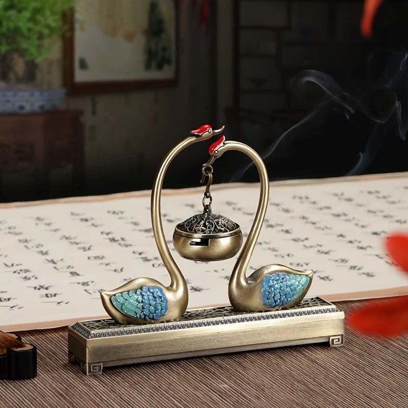 Swan Lake Double-Layer Incense Burner, Dual-Purpose Design, Deep Blue-Gold Swan, Auspicious Tea & Study V1232-TRHXL001