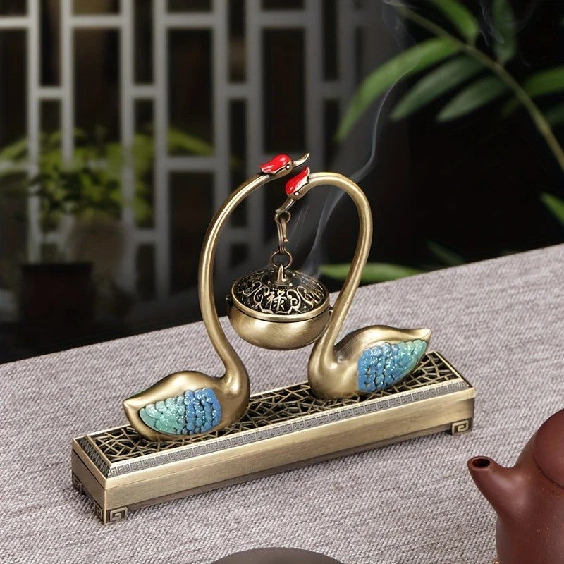 Swan Lake Double-Layer Incense Burner, Dual-Purpose Design, Deep Blue-Gold Swan, Auspicious Tea & Study V1232-TRHXL001