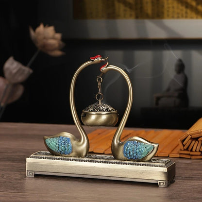 Swan Lake Double-Layer Incense Burner, Dual-Purpose Design, Deep Blue-Gold Swan, Auspicious Tea & Study V1232-TRHXL001