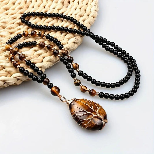 Natural Tiger's Eye Hand-Coiled Tree of Life Pendant Necklace-Golden Light Guarding, Spiritual Companion V1232-TRHYSXL001