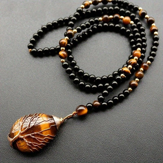 Natural Tiger's Eye Hand-Coiled Tree of Life Pendant Necklace-Golden Light Guarding, Spiritual Companion V1232-TRHYSXL001