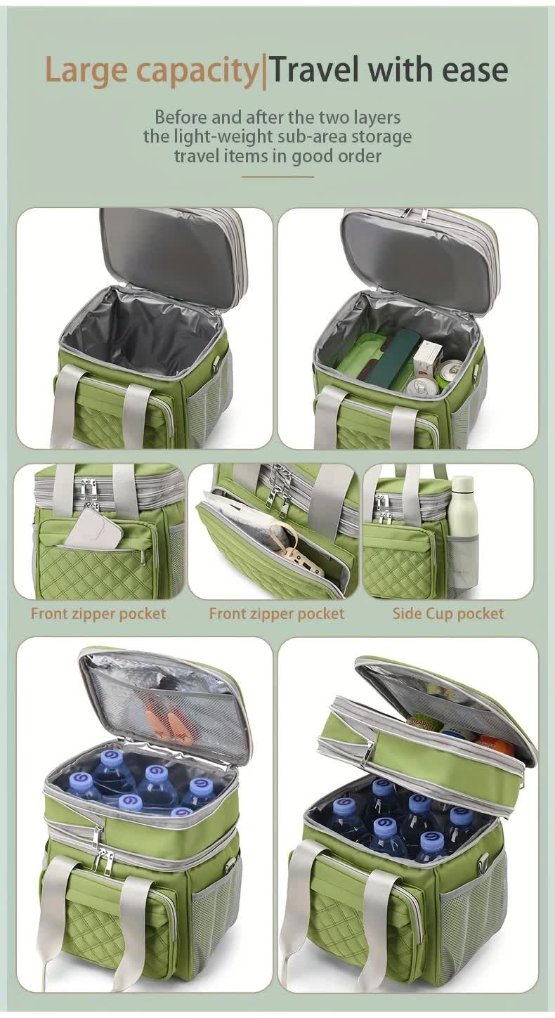GREEN Large Capacity Travel Bag / Lunch Bag. Expandable 5cm, Multi-Compartment Storage, Hand/Shoulder Carry, V1232-WCB002