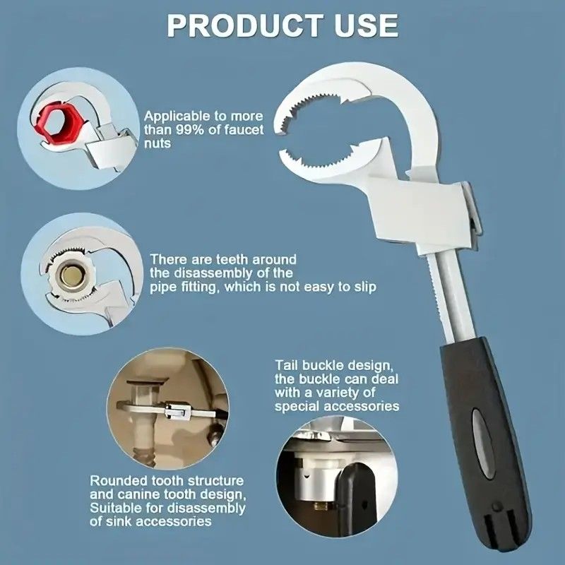Large-Open Adjustable Basin Wrench, 3-Head Interchangeable Tight-Space Plumbing Tool, Aluminum Alloy V1232-WYBS001