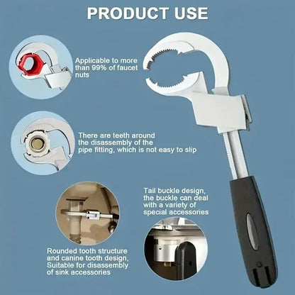 Large-Open Adjustable Basin Wrench, 3-Head Interchangeable Tight-Space Plumbing Tool, Aluminum Alloy V1232-WYBS001