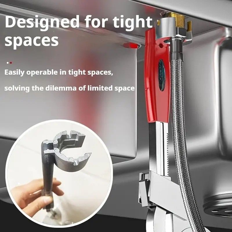 Large-Open Adjustable Basin Wrench, 3-Head Interchangeable Tight-Space Plumbing Tool, Aluminum Alloy V1232-WYBS001