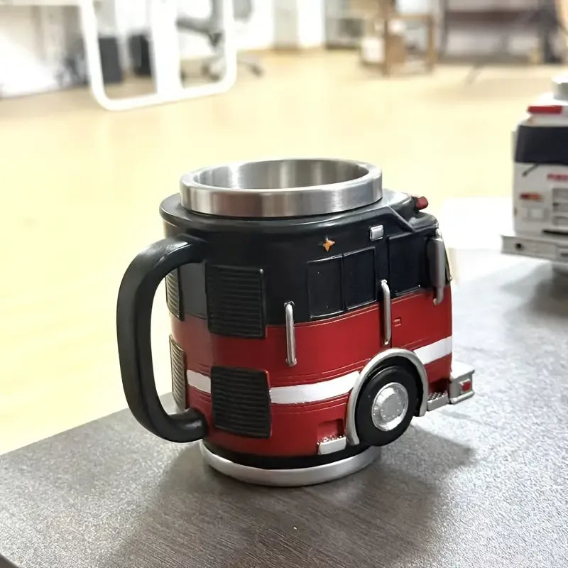 Fire Truck Coffee Cup: Three-dimensional red and black design, double-layer stainless steel for long-lasting temperature retention. Every sip brings a rescue-style ceremony.