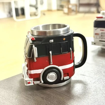 Fire Truck Coffee Cup: Three-dimensional red and black design, double-layer stainless steel for long-lasting temperature retention. Every sip brings a rescue-style ceremony.
