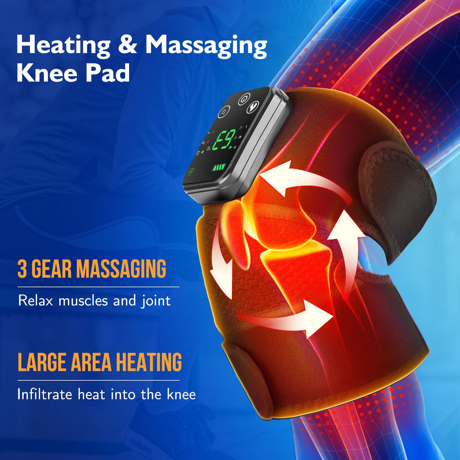 Heated Knee Massager with Heat Therapy - 3 Temp Levels, Vibration Massage, Rechargeable & Adjustable V1232-XGAMY002