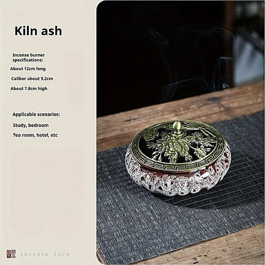 Glaze-transmutation ceramic incense burner with retro copper lid, fireproof mat, and incense coil holder. V1232-XL005