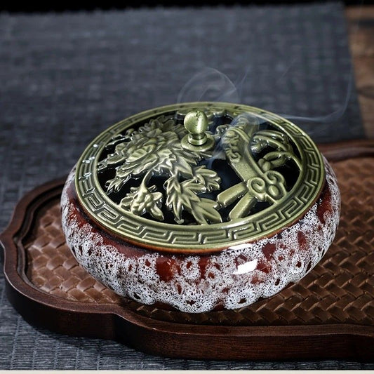 Glaze-transmutation ceramic incense burner with retro copper lid, fireproof mat, and incense coil holder. V1232-XL005