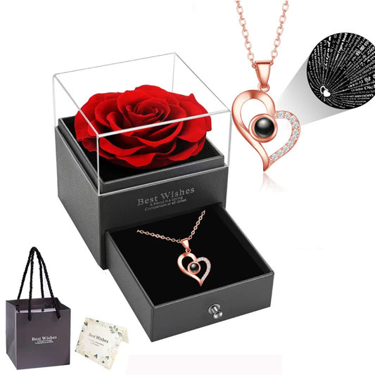 Rose Heart Projection Necklace, sparkling in rose gold, "I love you" in 100 languages, packaged with a single V1232-XXMGXL002