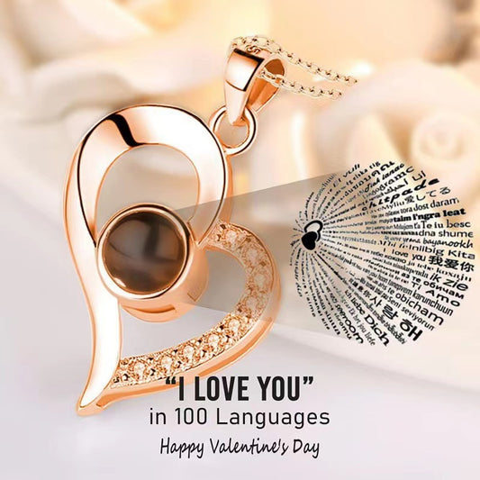 Rose Heart Projection Necklace, sparkling in rose gold, "I love you" in 100 languages, packaged with a single V1232-XXMGXL002