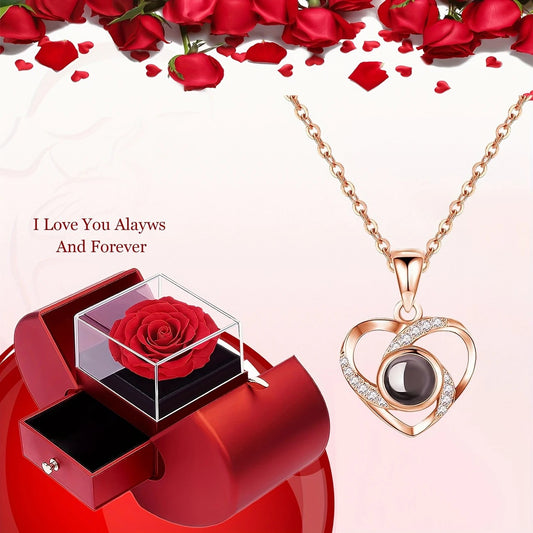 A Hundred Languages Heart-Shaped Projection Necklace Set, silver-plated with zirconia inlay, paired with an V1232-XXMGXLPG002