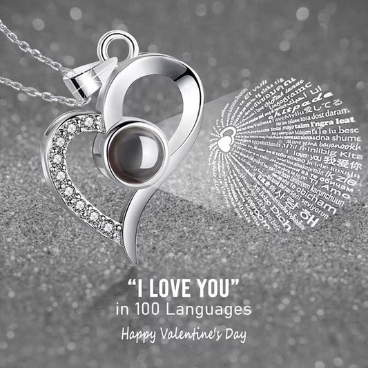 Platinum heart-shaped projection necklace, engraved with 100 ways to say "I love you," paired with matching V1232-XXSKMMGXL001