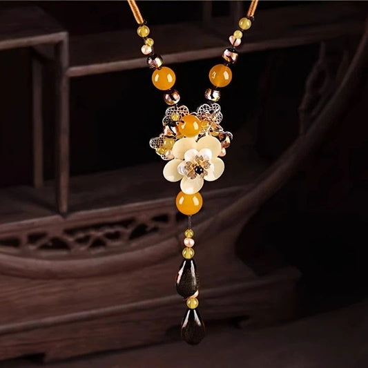 New Chinese-style Ethnic Long Necklace, Glass Flower and Faux Agate Bead Pendant, 80cm Adjustable Cord, 13cm V1232-XZSMZFXL001