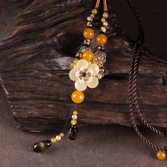 New Chinese-style Ethnic Long Necklace, Glass Flower and Faux Agate Bead Pendant, 80cm Adjustable Cord, 13cm V1232-XZSMZFXL001