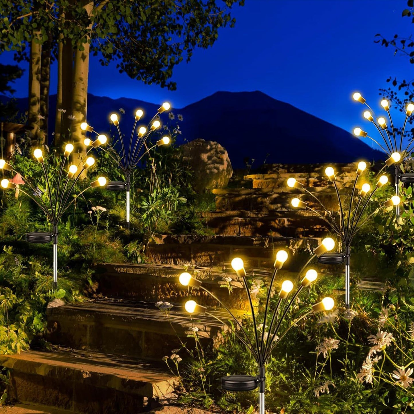 Solar Firefly Wind Light: Charges during the day, glows at night. Sways in the wind like dancing fireflies, lighting up your yard with romance./8 lamp holder [warm light] is always on