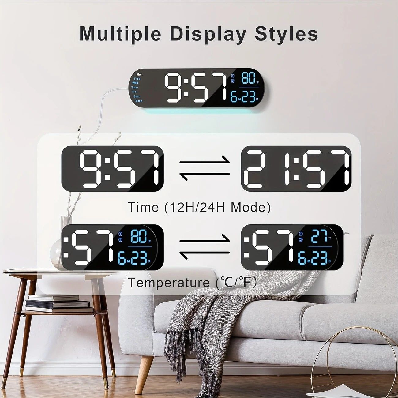 13.7" Mirror LED Digital Clock | Auto-Dim, RGB, Temp/Humidity Sensor - Smart Bedroom/Desk Clock(colorful) V1232-YKSZGZ001