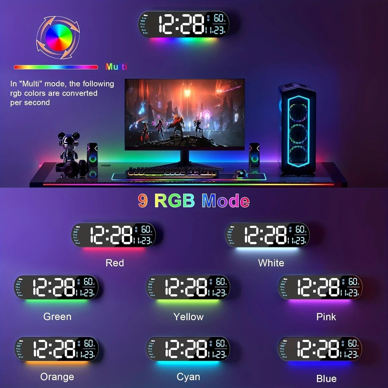 13.7" Mirror LED Digital Clock | Auto-Dim, RGB, Temp/Humidity Sensor - Smart Bedroom/Desk Clock(colorful) V1232-YKSZGZ001
