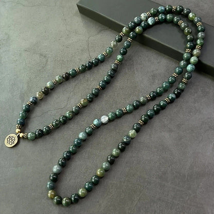 108-Piece Moss Agate Handcrafted Necklace, Natural Plant-Patterned Zen Layered Blessing Bead Strand V1232-YLBSCXL001