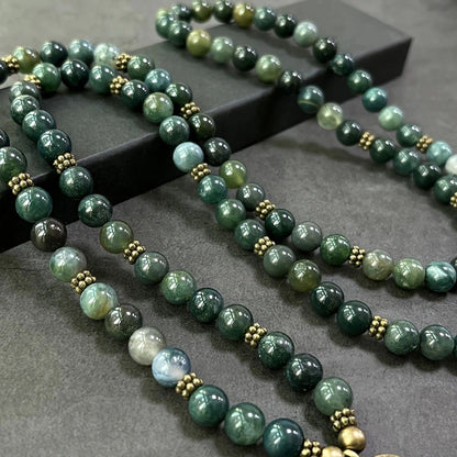 108-Piece Moss Agate Handcrafted Necklace, Natural Plant-Patterned Zen Layered Blessing Bead Strand V1232-YLBSCXL001